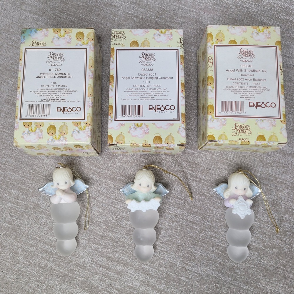 Precious Moments Angel Icicle & Snowflake Ornaments Set of 3 Enesco w Boxes